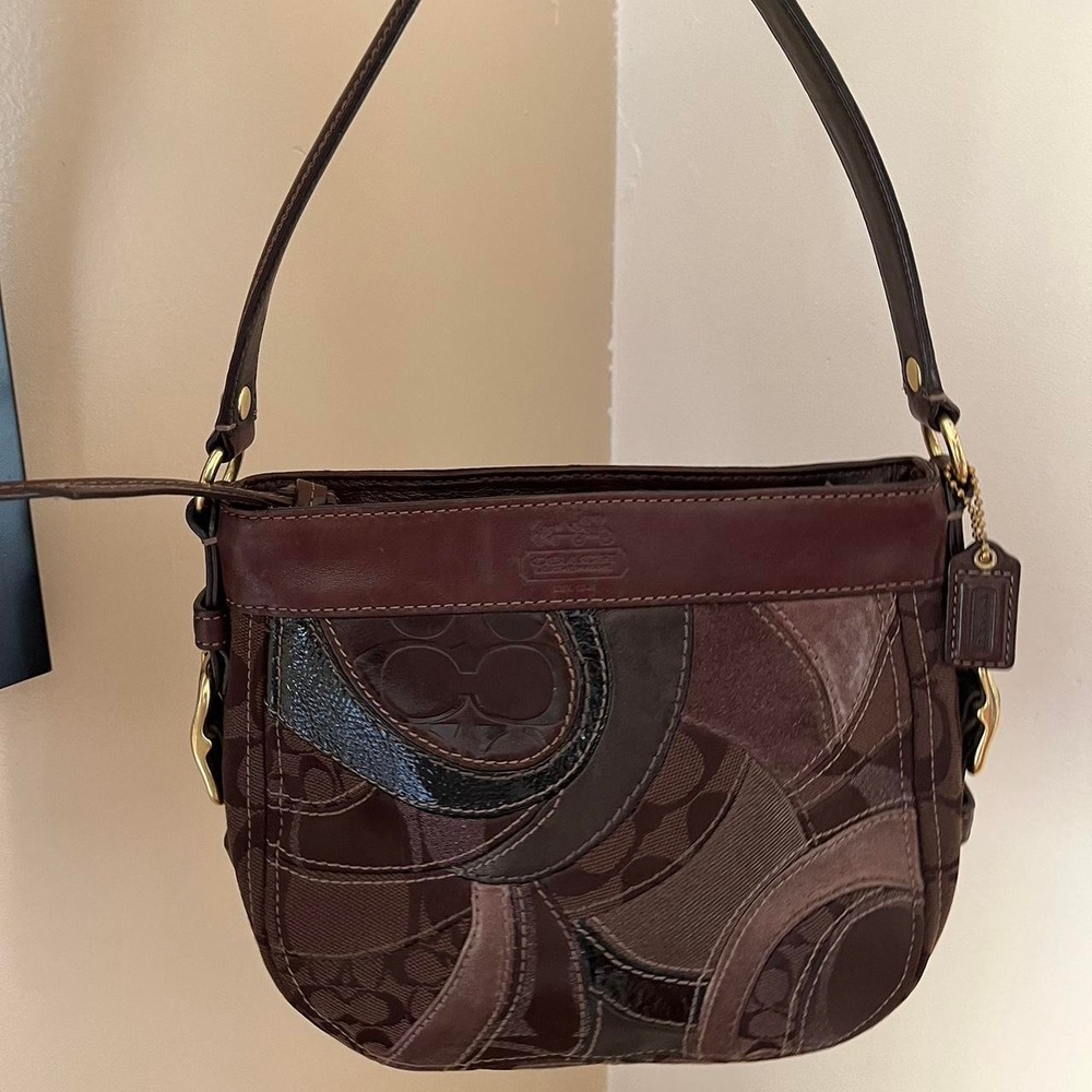 Y2K 2000s Coach Chocolate Brown Mosaic Patchwork Zoe Mini Shoulder Bag/Handbag